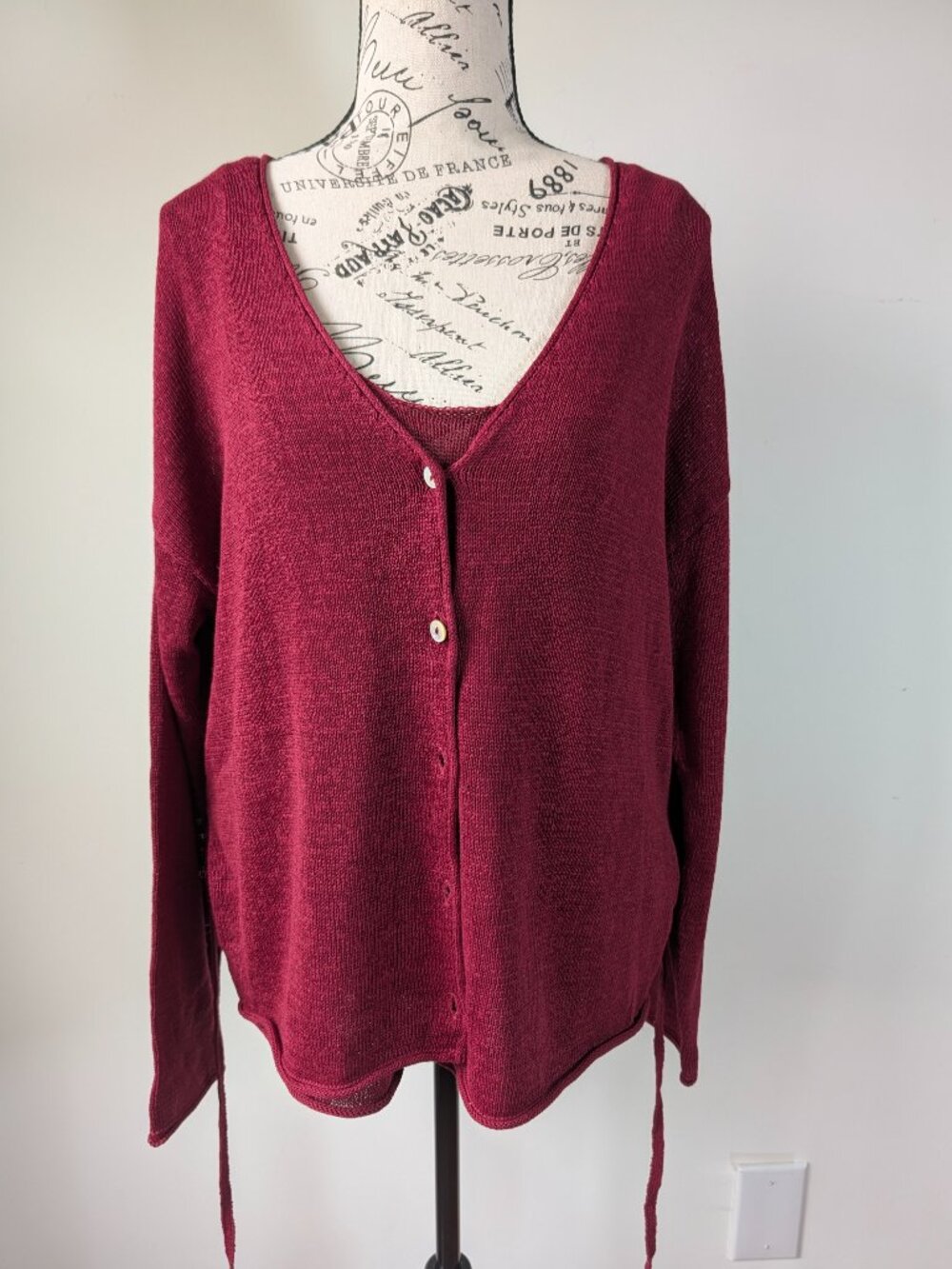 ZARA Maroon Linen Knit Cardigan XL Button Front Lightweight Textured V‑Neck